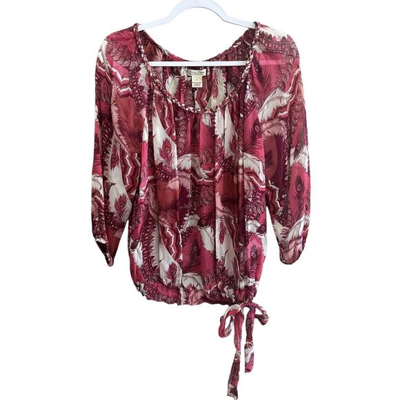 Lucky Brand Tops - Lucky Brand Womens Sheer Pink Feather Top Tie Front Blouse Size Small 100% Rayon